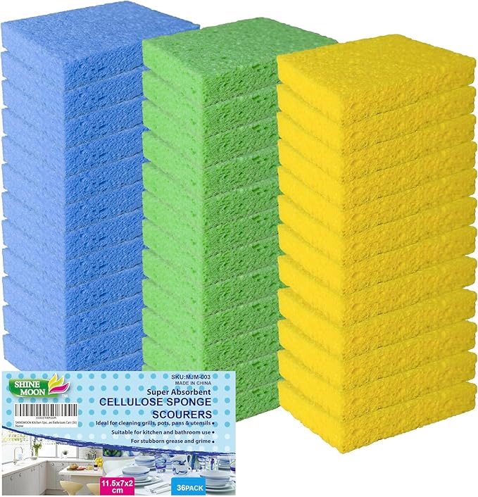 36 Pk Pop-Up Compressed Cellulose Sponges, Heavy Duty Scrub Kitchen Sponge by SHINEMOON