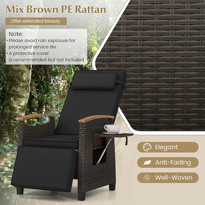 RELAX4LIFE Rattan Outdoor Recliner Chair - Wicker Chaise Lounge Chair w/Adjustable Back & Footrest, Acacia Wood Armrests, Flip Side Table, Cushion, Reclining Patio Chair for Pool Yard (1, Black) - Image 5