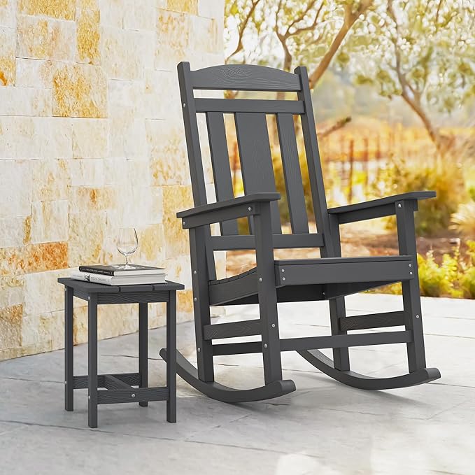 LUE BONA Outdoor Rocking Chairs Set, 3-Piece, HDPS Poly Porch Rockers with Table, Plastic Weather Resistant Rocking Chair Set for Outdoor Indoor, Garden, Backyard, 350lb, Gray Chairs+Table - Image 2