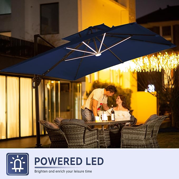 10 X 13 FT Cantilever Outdoor Patio Umbrella with Led Lights Large Heavy Duty 360° Rotation Double Top Offset Rectangular Umbrellas for Backyard Garden Pool Outside Deck, Navy - Image 3