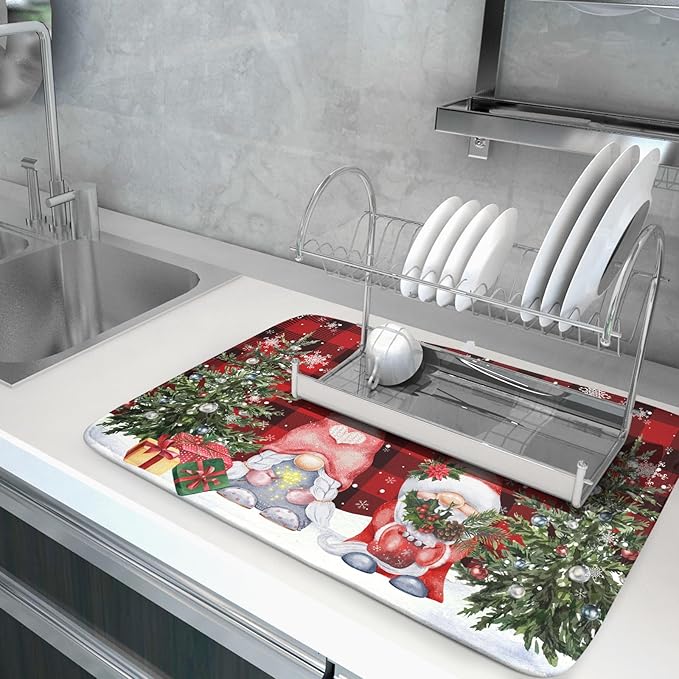 Giwawa Winter Gnome Dish Drying Mat 18x24 inch Christmas Elf Trees Snowflakes - Image 5