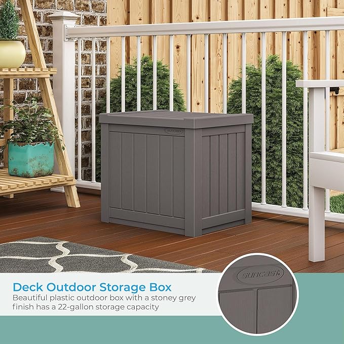 Suncast 22-Gallon Small Deck Box - Lightweight Resin Indoor/Outdoor Storage Container and Seat for Patio Cushions and Gardening Tools - Store Items on Patio, Garage, Yard - Stone Gray, Made in the USA - Image 3