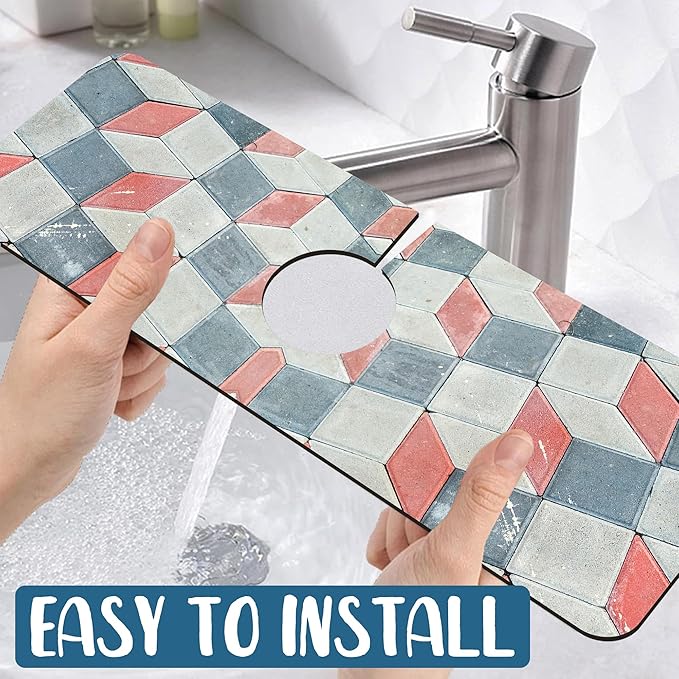 Red Gray Tile Sink Splash Guard Faucet Mat Red White Diamond Super Absorbent - Image 5