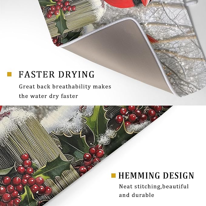 Winter Birds Dish Drying Mat Red Berry Dish Drainer Rack Mat Microfiber - Image 3