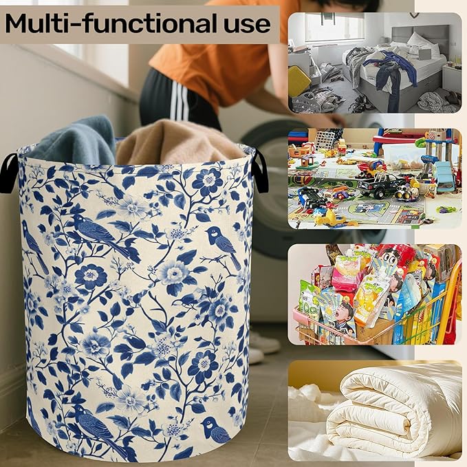 Navy Blue Beige Birds Laundry Basket - Image 6