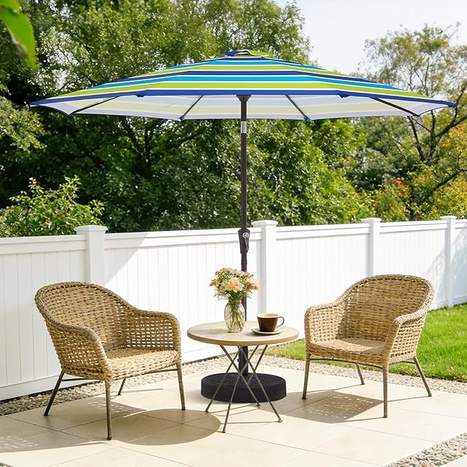 MEWAY 9ft Patio Umbrella Outdoor Table Umbrellas with Push Button Tilt and Crank, Market Umbrella 8 Sturdy Ribs for Deck, Garden, Pool and Backyard, Blue-Green Stripe - Image 2