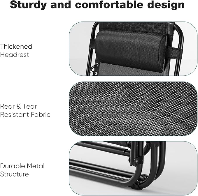 NEWBULIG Zero Gravity Chair Set of 4, Lounge Chair Folding Portable Adjustable Camping Reclining Chairs with Adjustable Pollow, Mesh Back, Cup Holder Trays Lawn Patio Chair for Pool Beach - Black - Image 4