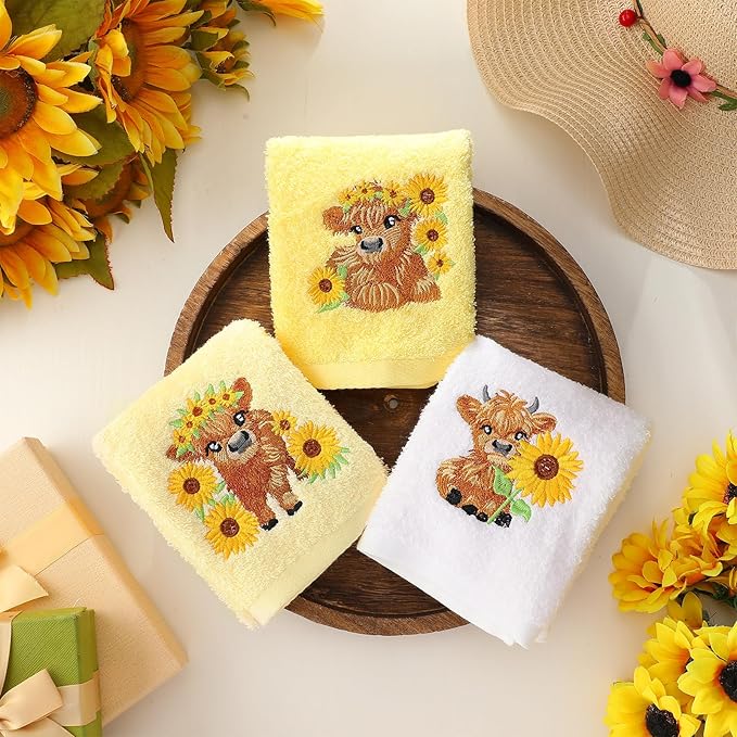 3 Pcs Sunflower Highland Cow Hand Towels Embroidered Highland Cow Farmhouse - Image 6