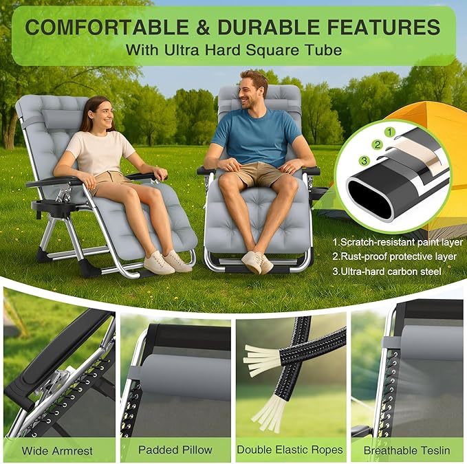 Suteck Zero Gravity Chair, Reclining Camping Lounge Chair w/Removable Cushion, Upgraded Lock and Cup Holder, Reclining Patio Chairs Folding Recliner for Indoor and Outdoor - Image 3