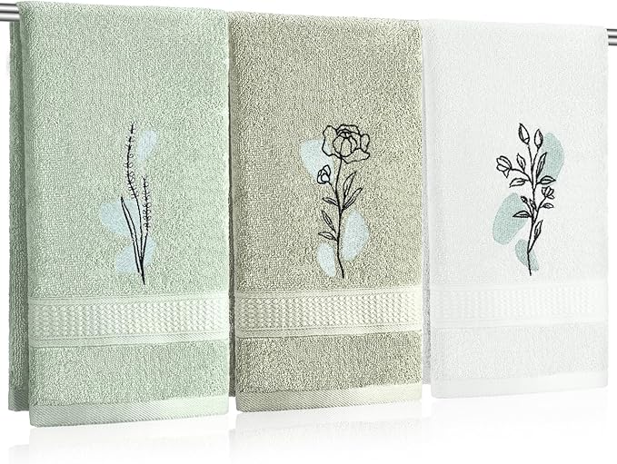 Abstract Botanical Hand Towels Boho Sage Green Botanical Bathroom Decor 14x29 by Tingjoo