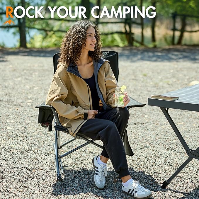 Portal Outdoor Rocking Chair Camping Folding Portable Rocker with Cup Holder Side Pocket Carry Bag, Support 350LBS (Mesh Black) - Image 3