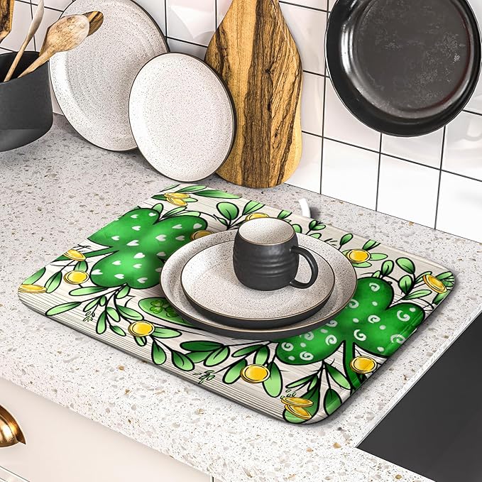 St Patrick's Day Shamrock Dish Drying Mat 16x18 inch Eucalyptus Leaves Dishes - Image 5