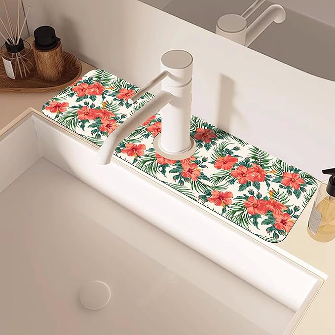 Tropical Leaves and Red Floral Kitchen Sink Splash Guard Mat Absorbent Fast - Image 2