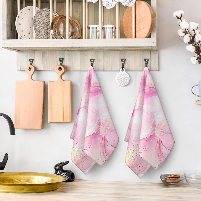 Pink Marble Kitchen Dish Towels and Dishcloths Sets of 2 Abstract Modern Dish - Image 3