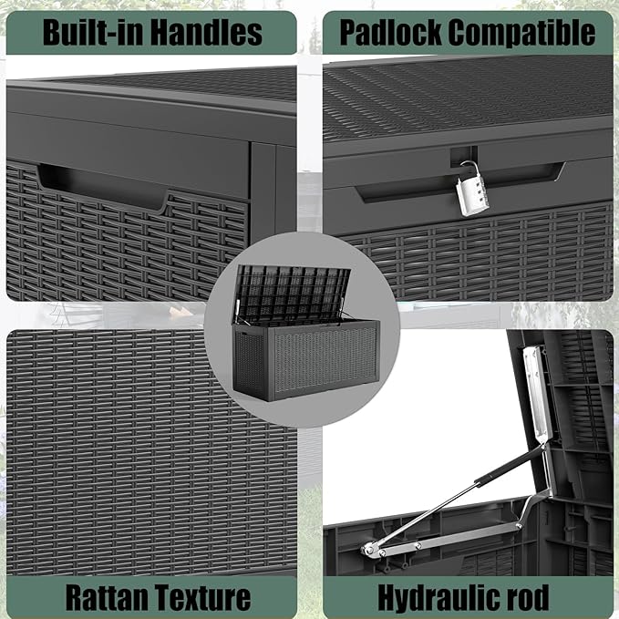 DRATO 100 Gallon Large Deck Box, Outdoor Storage Box for Patio Furniture, Patio Cushions, Gardening Tools, Pool Supplies,660lbs Weight Capacity,Waterproof Resin Storage Boxes（Black，100 Gallon） - Image 4