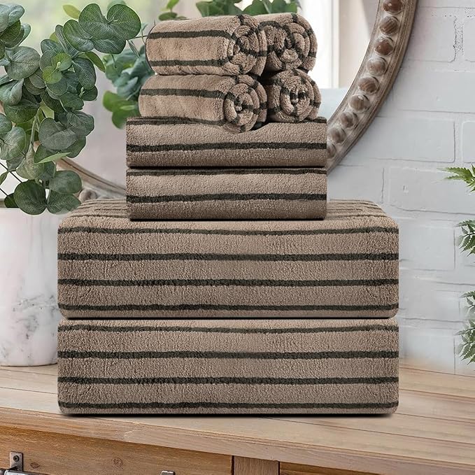 8 Pcs Polyester Brown Cabana Stripe Large Bath Towel Set-2 Bathroom Towels by Oliven