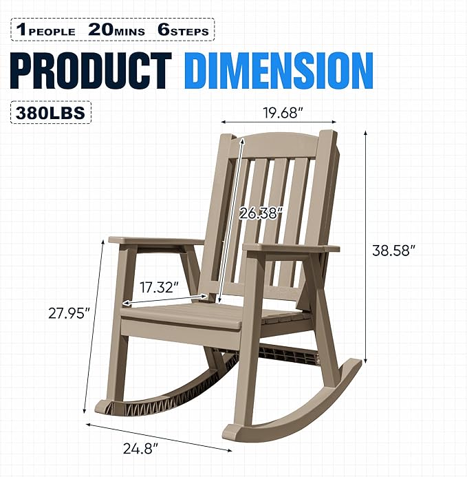 Devoko PP Material Rocking Chair Outdoor Indoor All Weather High Back Patio Rocker for Adult Heavy Duty Rocking Chair for Patio Backyard Porch Garden (Heavy Duty, Light Brown) - Image 3