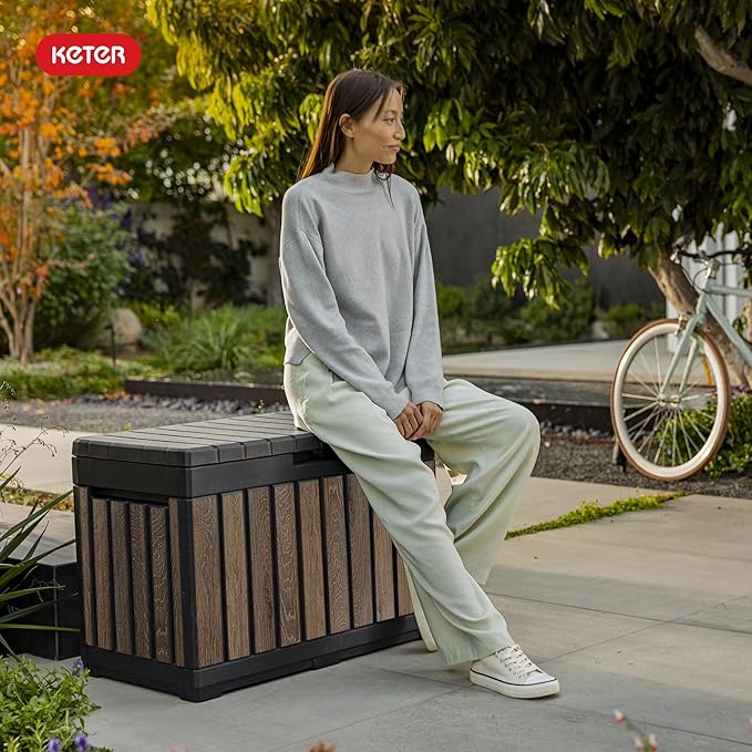 Keter Signature Everwood 50 Gallon Resin Deck Box for Outdoor Storage – Weather‑Resistant Balcony & Patio Box for Cushions, Throw Pillows & Garden Tools, Walnut - Image 6