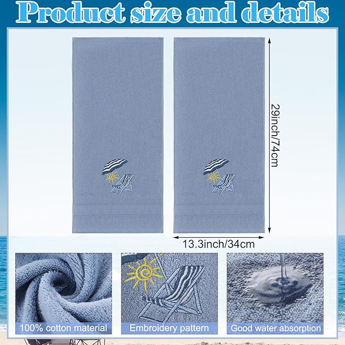 2 Pcs Beach Chair Hand Towels Slate Blue Bathroom Decor 14x29 Inch Embroidered - Image 2