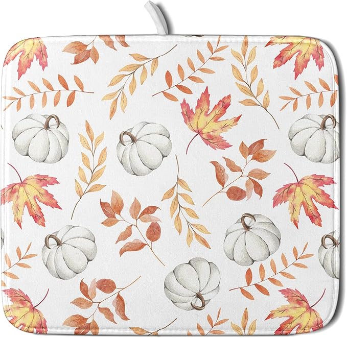 Fall Dish Drying Mat for Kitchen Counter Autumn White Pumpkins Maple Leaves by Unknown