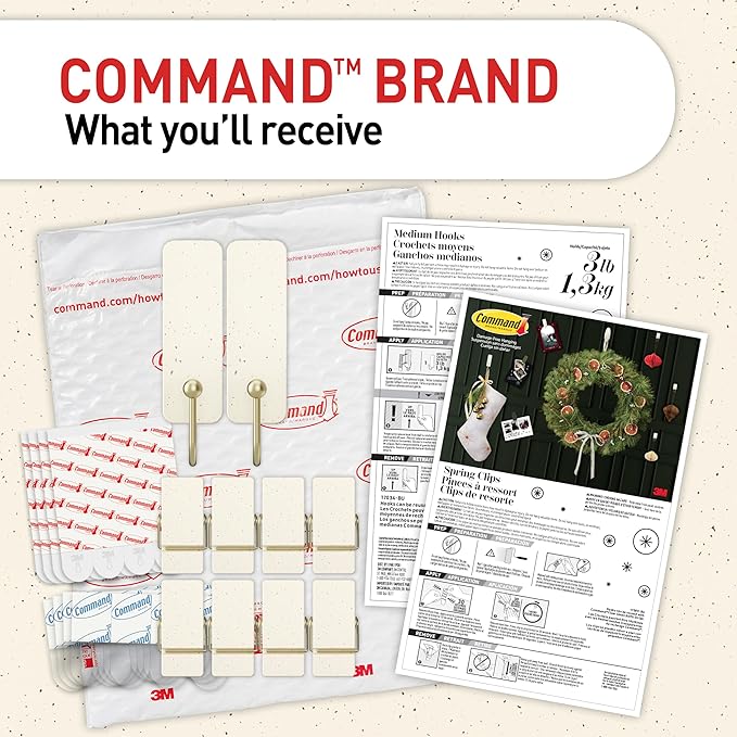 Command Mixed Hook Pack, Cream Speckle, 2 Medium Hooks, 8 Spring Clips - Image 8
