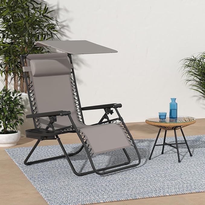 Best Choice Products Folding Zero Gravity Outdoor Recliner Patio Lounge Chair w/Adjustable Canopy Shade, Headrest, Side Accessory Tray, Textilene Mesh - Ice Gray - Image 2