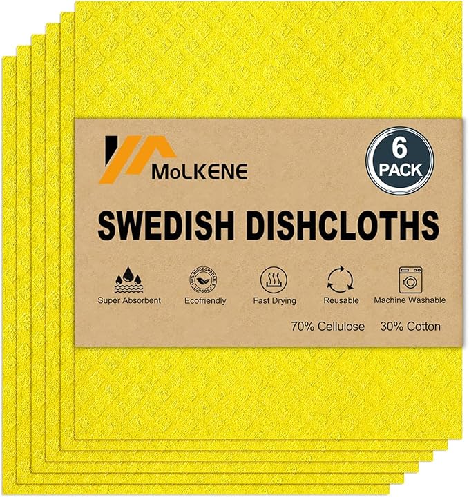 Swedish Dishcloths for Kitchen | 6 Pack Absorbent Cellulose Sponge Cloths by MoLKENE