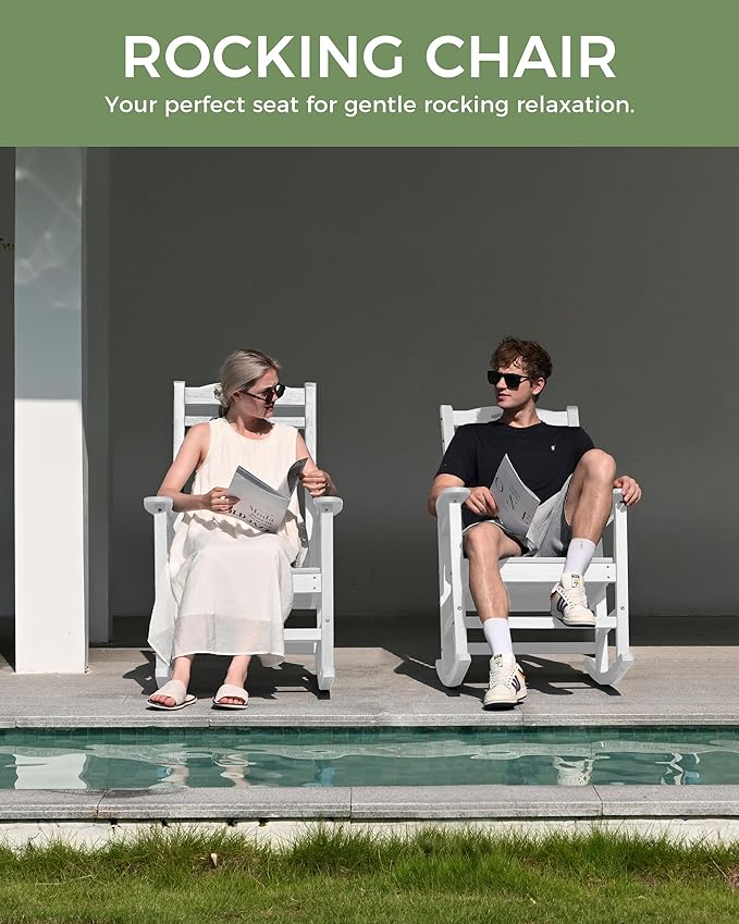 Oversized Outdoor Rocking Chair, High Back Patio Rocking Chair, HDPE All Weather Resistant Rocking Chairs for Patio,380lbs Weight Capacity, White - Image 7