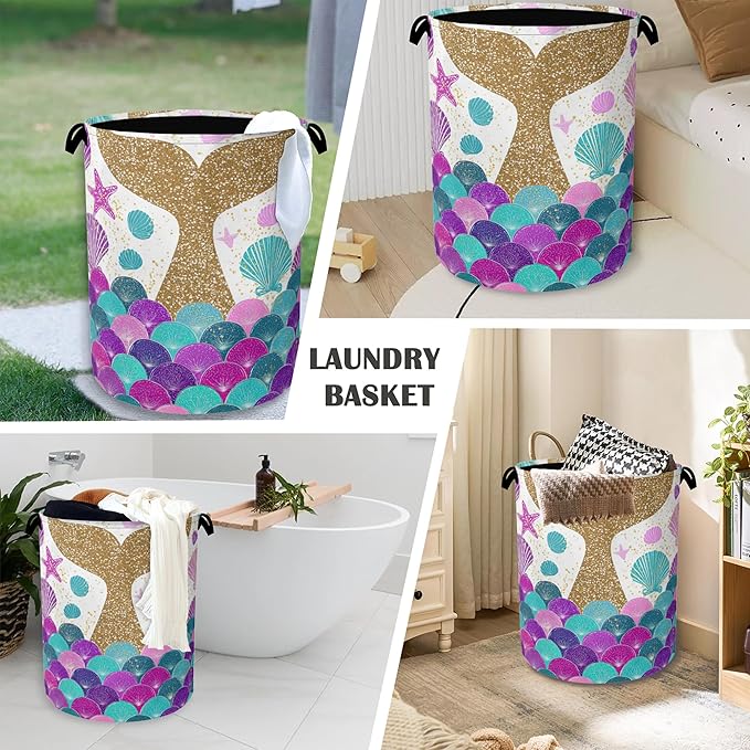 Fish Scales Laundry Basket, Mermaids Seashell Foldable Oxford Cloth Tote Bag - Image 4