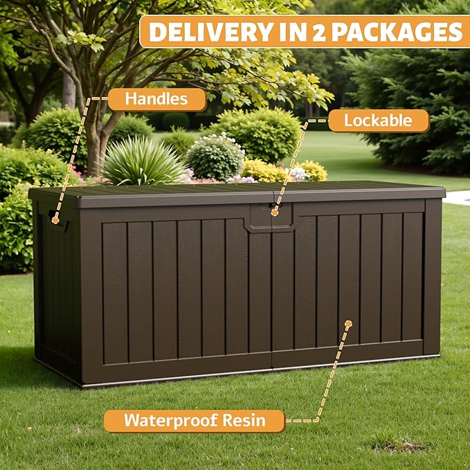 Flamaker Resin Deck Box 250 Gallon, Waterproof Imitation-Wood Lockable Storage Box with Separator Plate Outdoor Indoor, Garden, Patio Furniture for Tools&Pool Accessories (Deep Brown) - Image 6