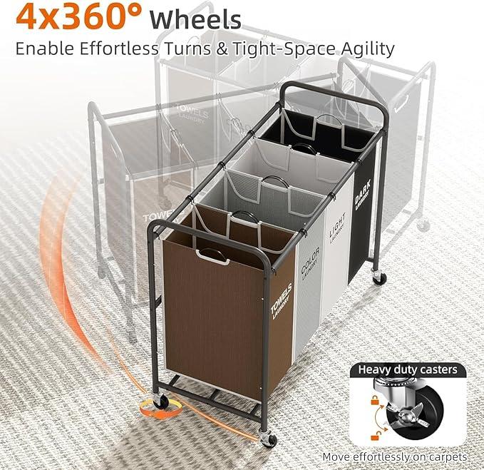 ROMOON Laundry Hamper Sorter Cart: 4-Section Organizer - Image 7
