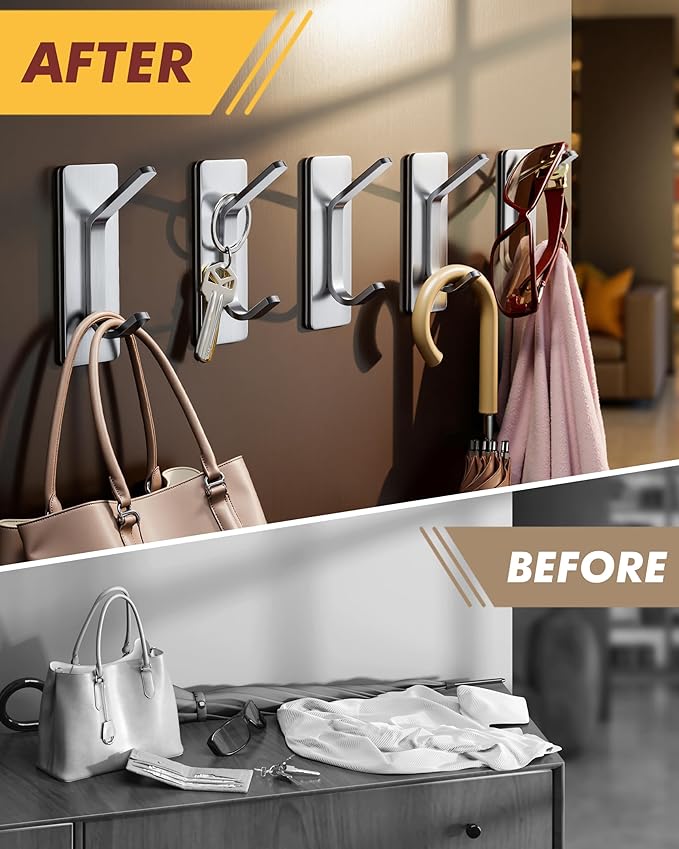 Auxmir Self Adhesive Hooks for Hanging 15lb, Stainless Steel Wall Hooks for - Image 7