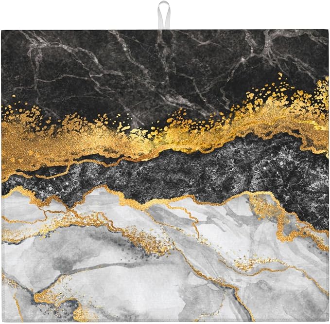 Black Gold Marble Dish Drying Mat by Unknown