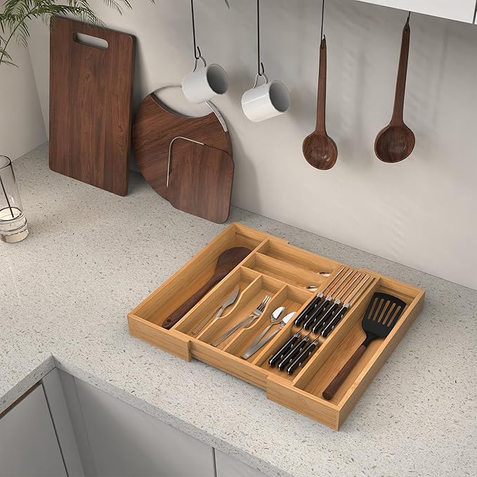 Bamboo Kitchen Drawer Organizer, Expandable Silverware Organizer - Image 9
