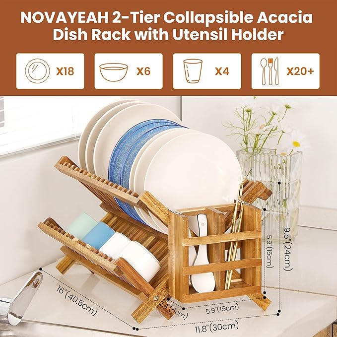 Acacia Wooden Dish Drying Rack for Kitchen Counter 2-Tier Collapsible Bmaboo - Image 5