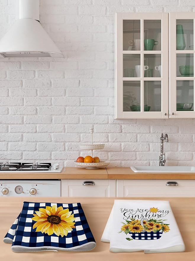Bencailor 4 Pcs Sunflower Kitchen Towels Blue and White Floral Hand Dish Towels - Image 7