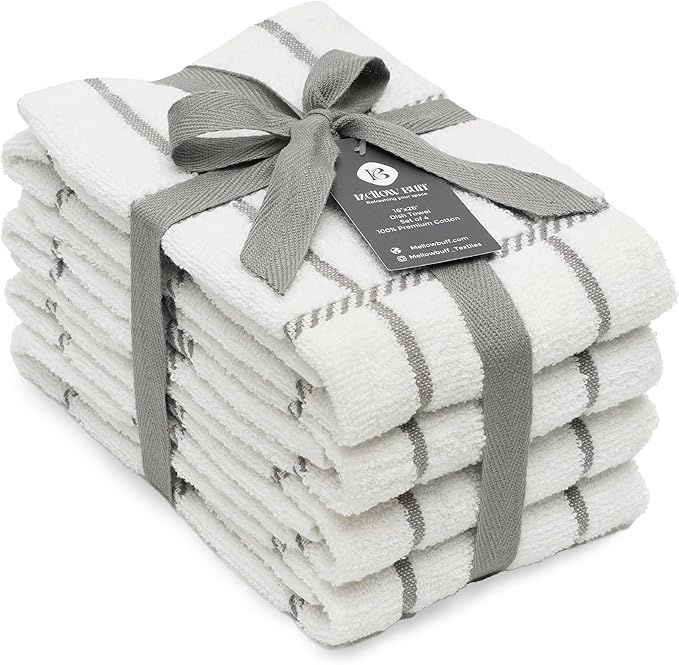 100% Cotton Terry Dish Towels, 4 Pack Checks, 16 x26 Inches, Super Soft and by Ecotribe