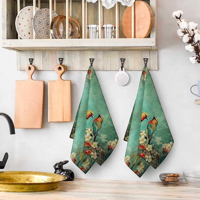 Cute Birds Kitchen Towels Decorative Set of 2, Absorbent Dish Towels Green Tea - Image 3