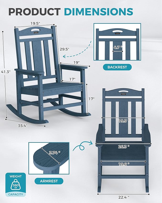 Ciokea Oversized Outdoor Rocking Chairs Set of 3, 380lbs Heavy-Duty Large Patio Rocker, High Back Cozy Porch Chairs, Weather Resistant Patio Rocking Chairs for Outside, Fire Pit, Deck, Slate Blue - Image 3
