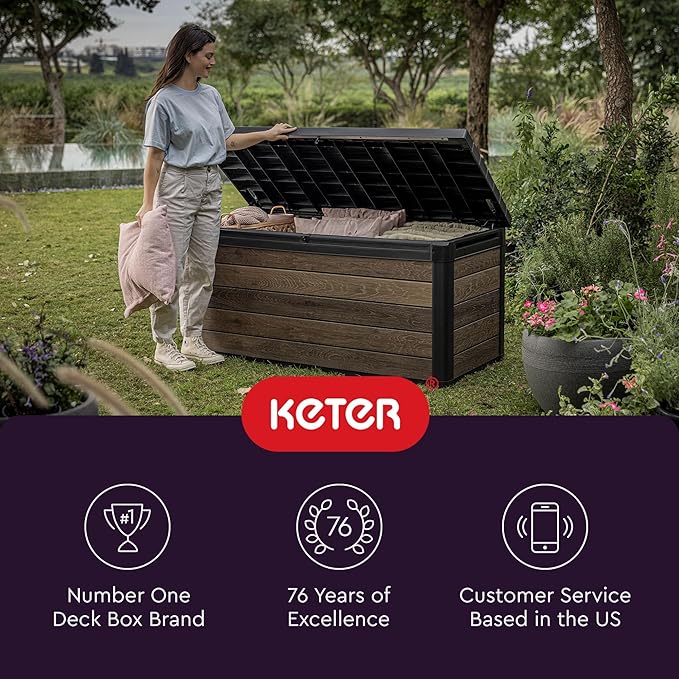 Keter Signature Collection 150 Gallon Resin Deck Box Organization and Storage Box for Patio Outdoor Cushions, Throw Pillows, Garden Tools and Pool Supplies, Walnut - Image 11