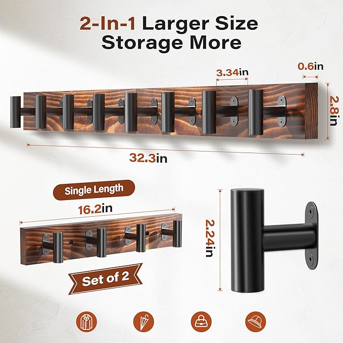 Coat Rack Wall Mount, 2 Pack Rustic Coat Hanger - Image 3