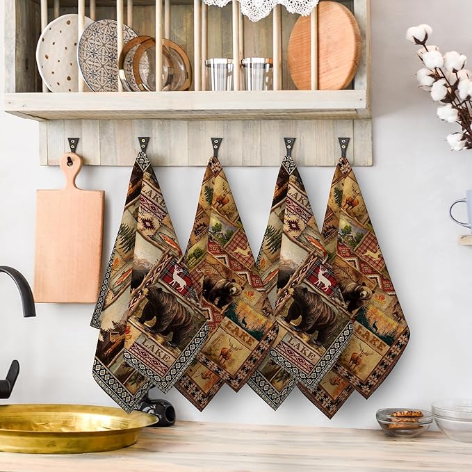 Vintage Rustic Kitchen Towel Set of 4, Lodge Bear Mountain Dish Towels - Image 6