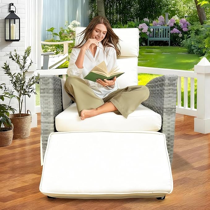 Outdoor Wicker Recliner Chair, 145° Patio Lounge Chair with 4" Cushion, Adjustable Backrest & Footrest, Flip-up Table & Side Pocket for Backyard, Deck, Balcony, Terrace, Poolside - Image 9