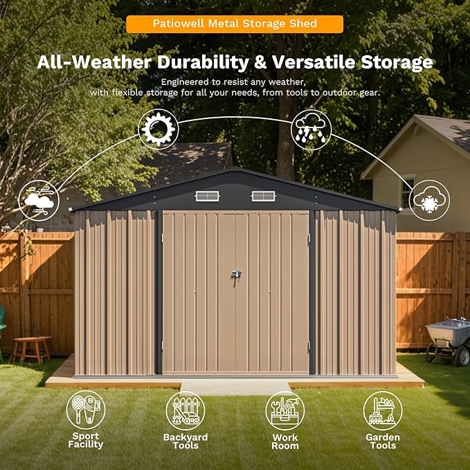 Patiowell 10 x 12 FT Metal Storage Shed for Outdoor with Floor Frame, Steel Yard Shed with Design of Lockable Doors, Utility and Tool Storage for Garden, Backyard, Patio, Outside use,Brown - Image 5