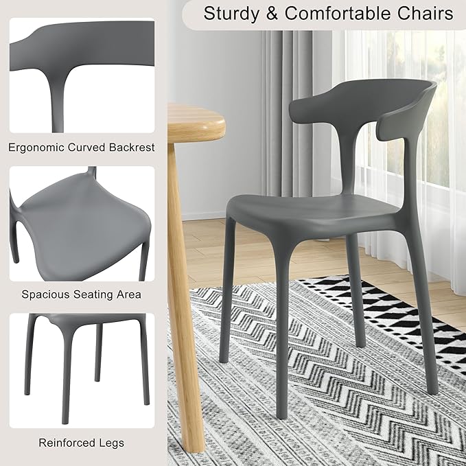 VECELO 4 Pack Plastic Stacking Chairs, Stackable Dining Chairs for Kitchen Restaurant Patio, Portable Indoor Outdoor Use, No Assembly Required, Gray - Image 6