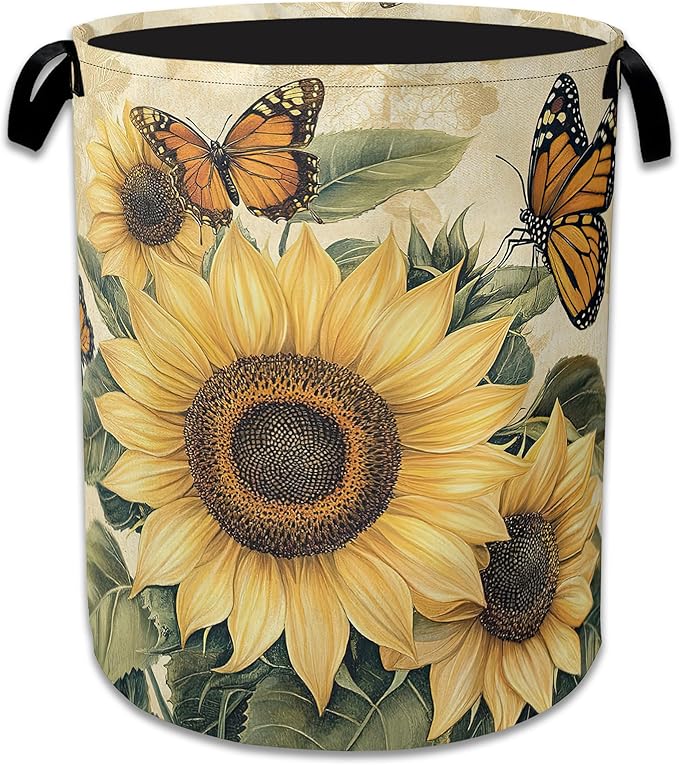 Vintage Sunflower Laundry Basket, Foldable Oxford Cloth Butterfly Laundry Hamper by Unknown