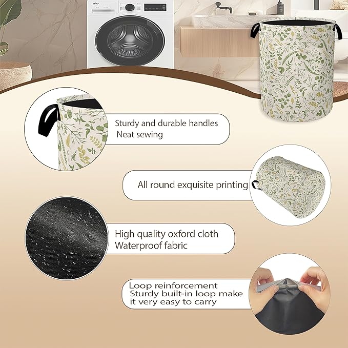 Green Herb Leaves Laundry Hamper, Rustic Wildflower Collapsible Laundry Baskets - Image 5