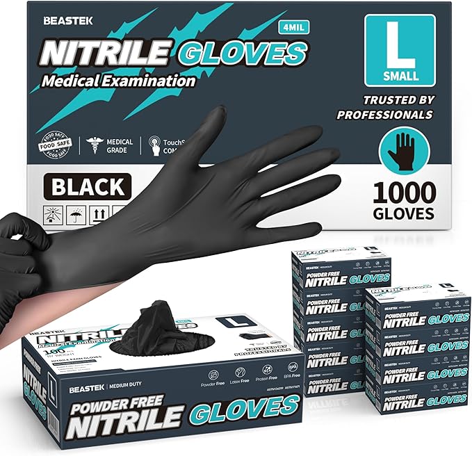 Beastek Black Disposable Nitrile Exam Gloves 100 Pcs 4Mil Chemical Resistant by Beastek