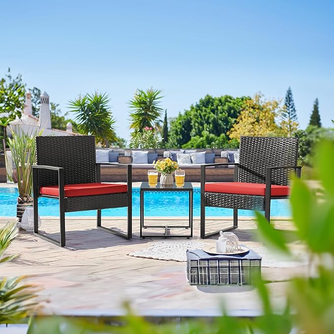 Flamaker 3 Pieces Wicker Patio Furniture Outdoor Modern Rattan Chair Conversation Sets with Coffee Table for Yard and Bistro (Red) - Image 2