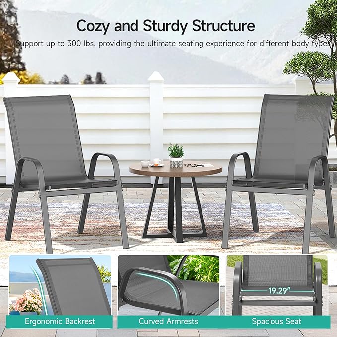 Patio Chairs Set of 2, All Weather Breathable Stackable Outdoor Dining Chairs with High Back and Wide Seat, Easily Set Up Outdoor Chairs Set of 2 with Metal Frame for Backyard Garden Pool, Grey - Image 7